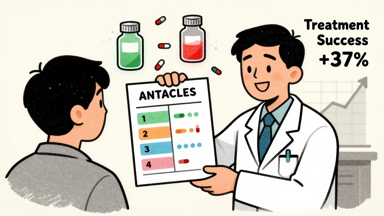 Pharmacist showing timing chart to patient, with colored safe zones for medication interaction, in risograph aesthetic.