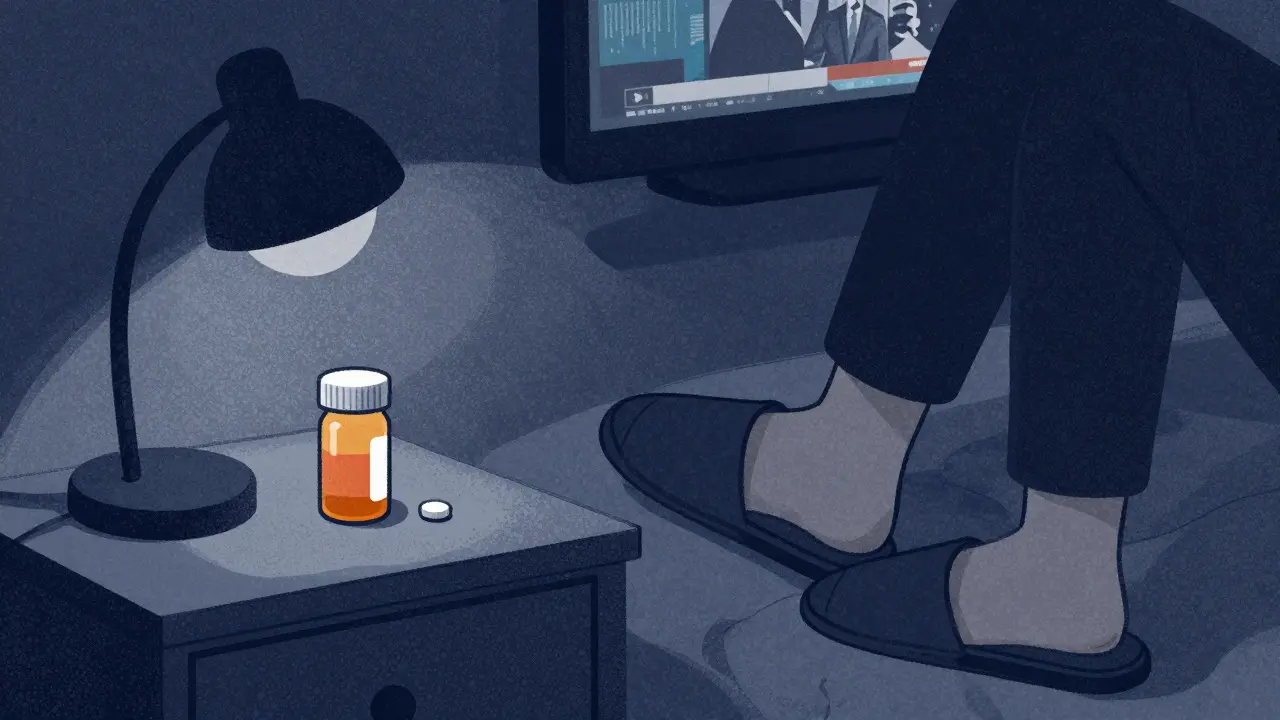 Someone putting on slippers beside a pill bottle on a nightstand with a dim lamp and TV in the background.