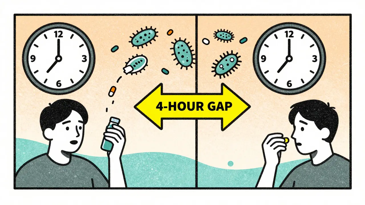Split-panel timeline showing 4-hour gap between antibiotic and antacid doses, with bacteria reacting to proper absorption.