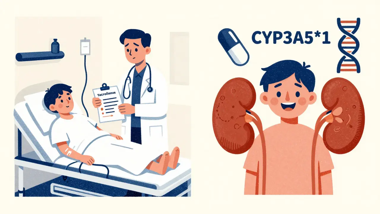 Split scene: one side shows dialysis due to drug interaction, the other shows recovery with isavuconazole and genetic marker.