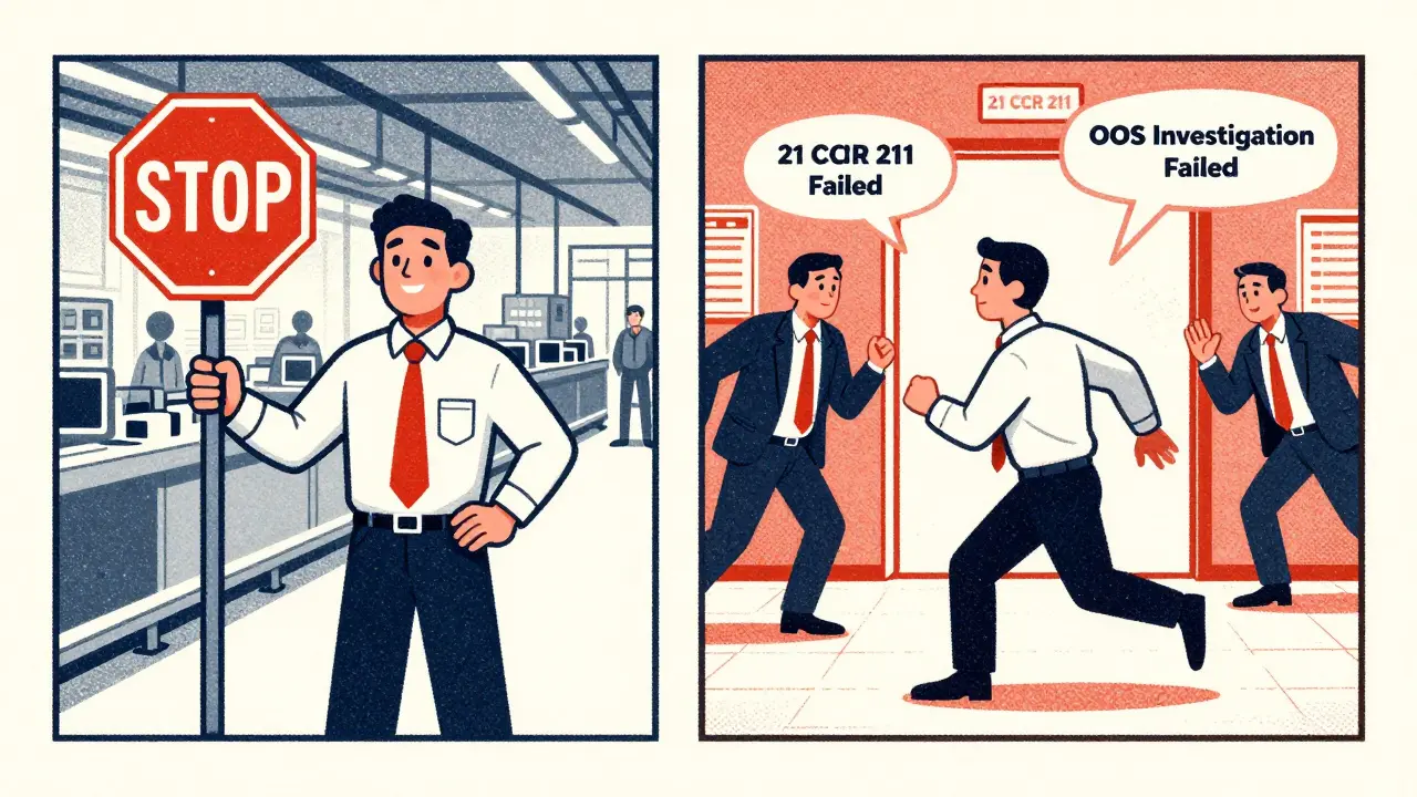 Split scene: quality officer stopping production vs. executives ignoring concerns, regulatory text floating as ghostly echoes.