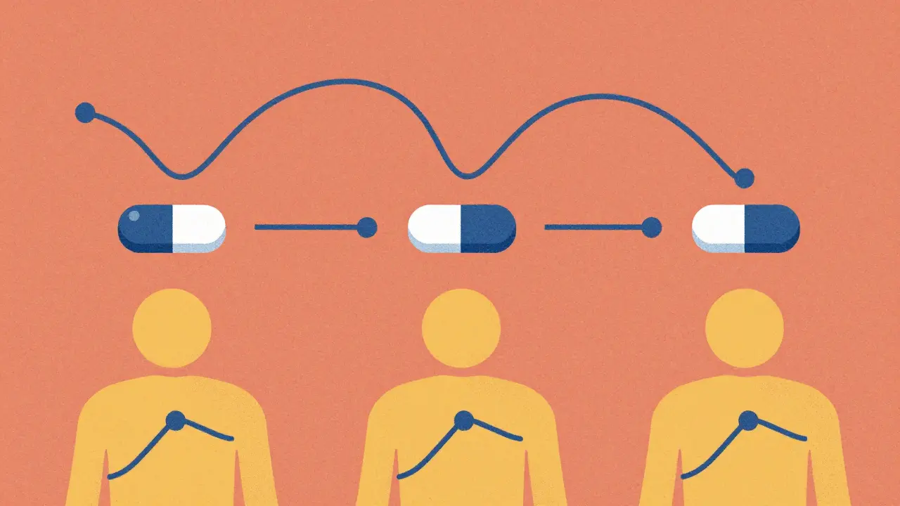 Three tablets releasing different dissolution curves matched to blood concentration graphs in stylized human forms.