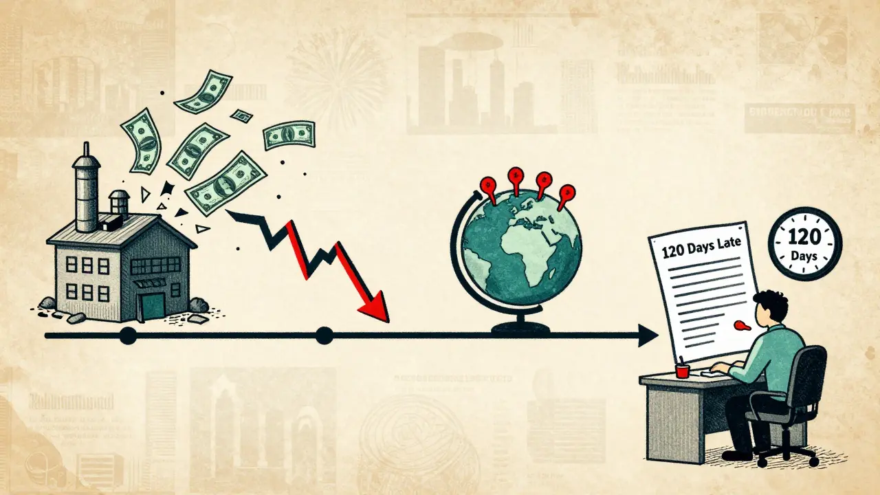 Timeline showing factory collapse, falling stock charts, global violation hotspots, and a worker racing against time to respond to a warning letter.