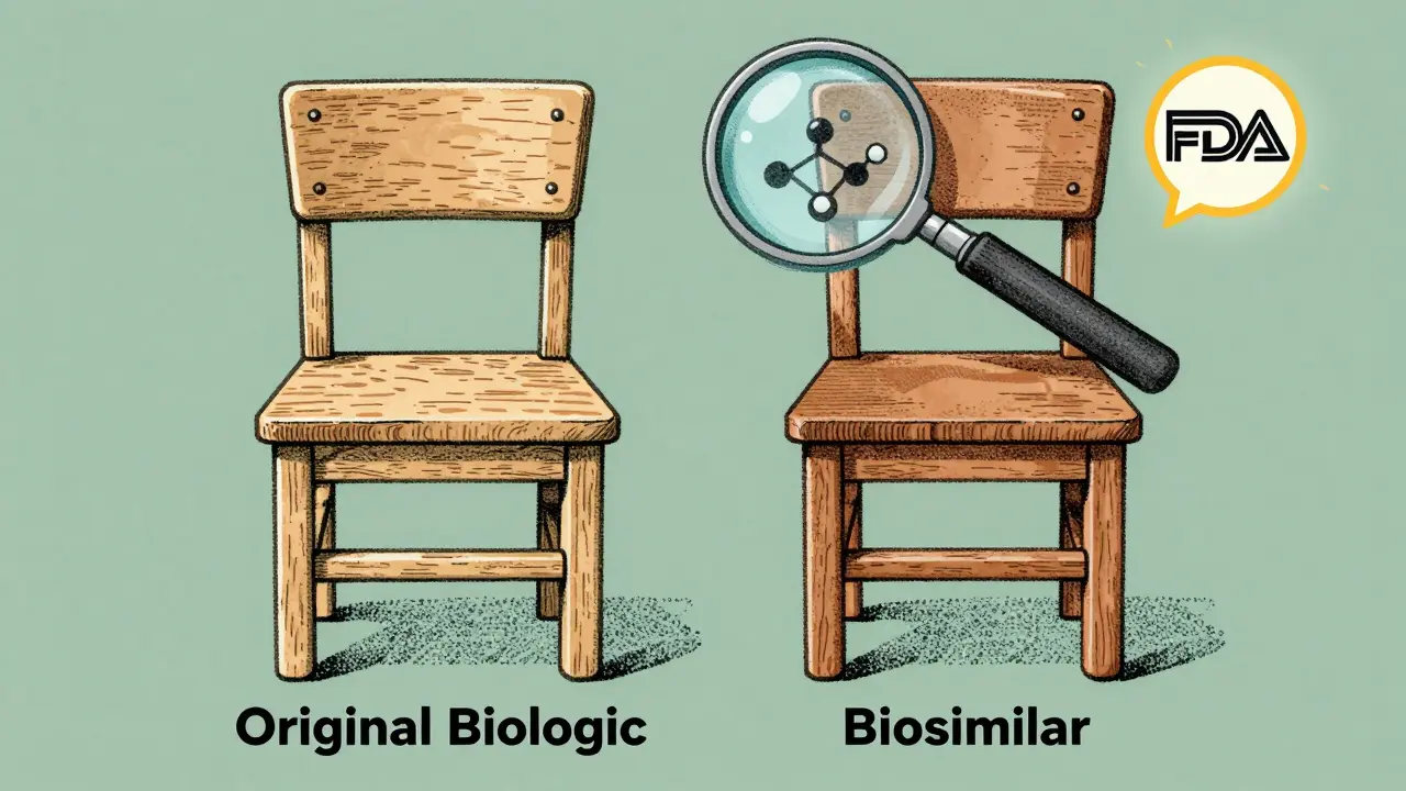 Two handmade wooden chairs represent original and biosimilar drugs, with subtle differences visible under a magnifying glass.