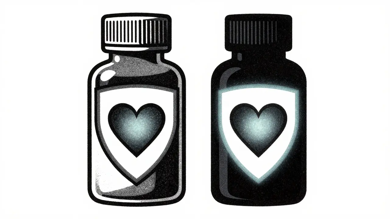Two medicine bottles emitting same protective shield around a heart.