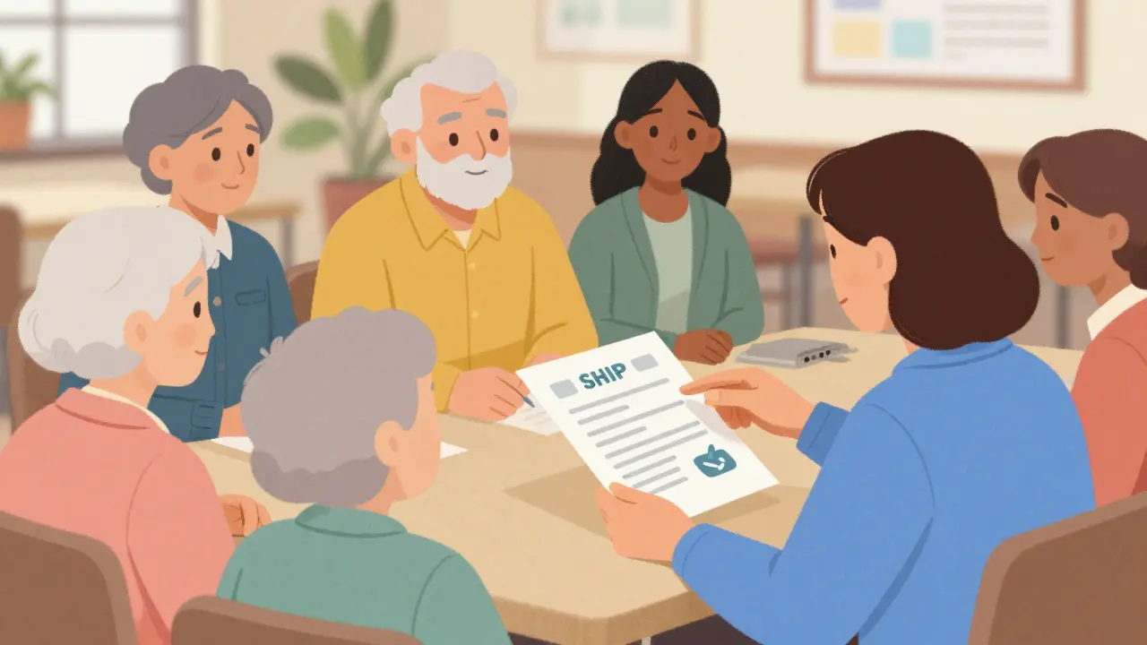 A friendly counselor helping seniors with paperwork in a warm, illustrated scene.