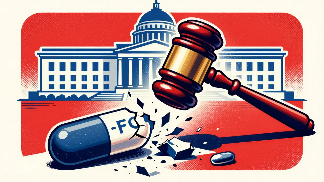 A gavel smashing a large pharmaceutical pill, representing legal antitrust enforcement.