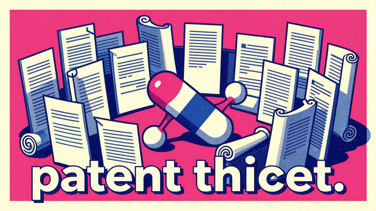 A generic drug molecule trapped behind a thicket of oversized legal documents and scrolls.