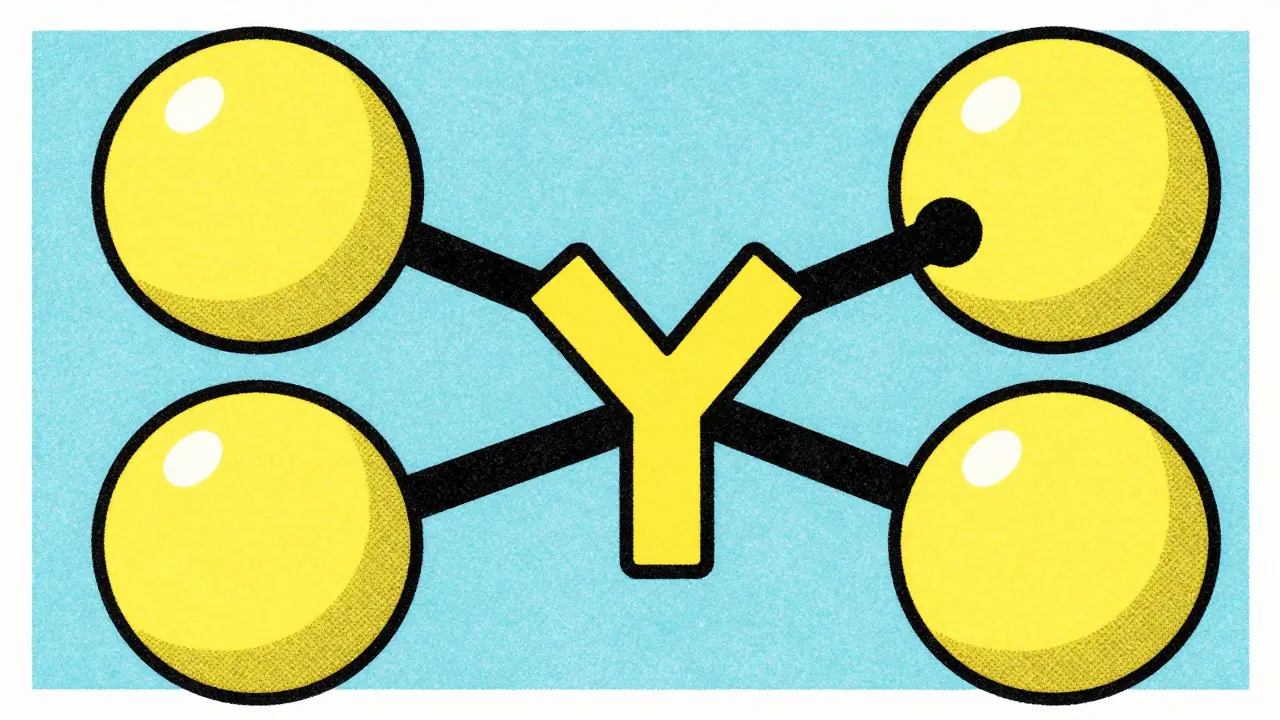 Abstract molecules blocking signals in colorful print style.