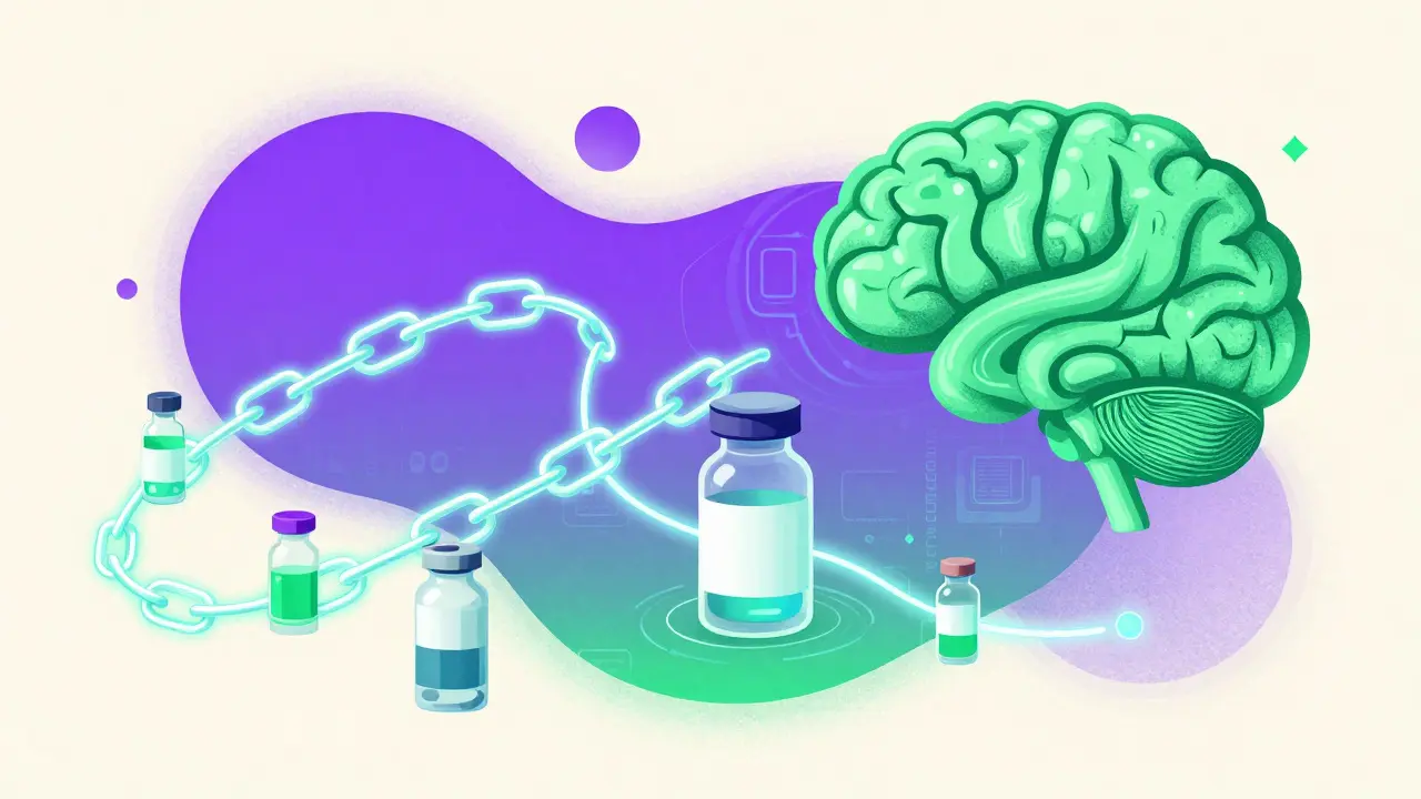 Conceptual image of blockchain and AI monitoring medicine bottles