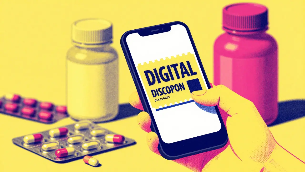 Hand holding a phone with a discount coupon next to bulk generic medicine bottles