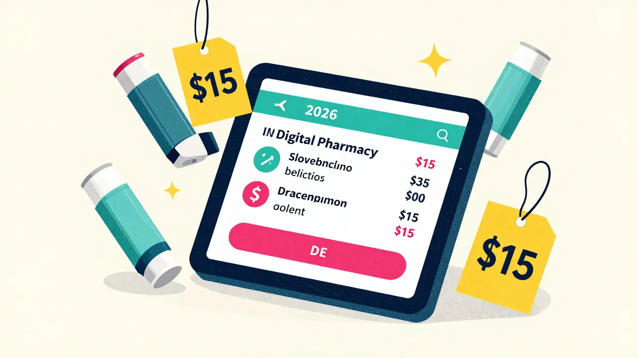 Online pharmacy price comparison and inhalers in risograph style