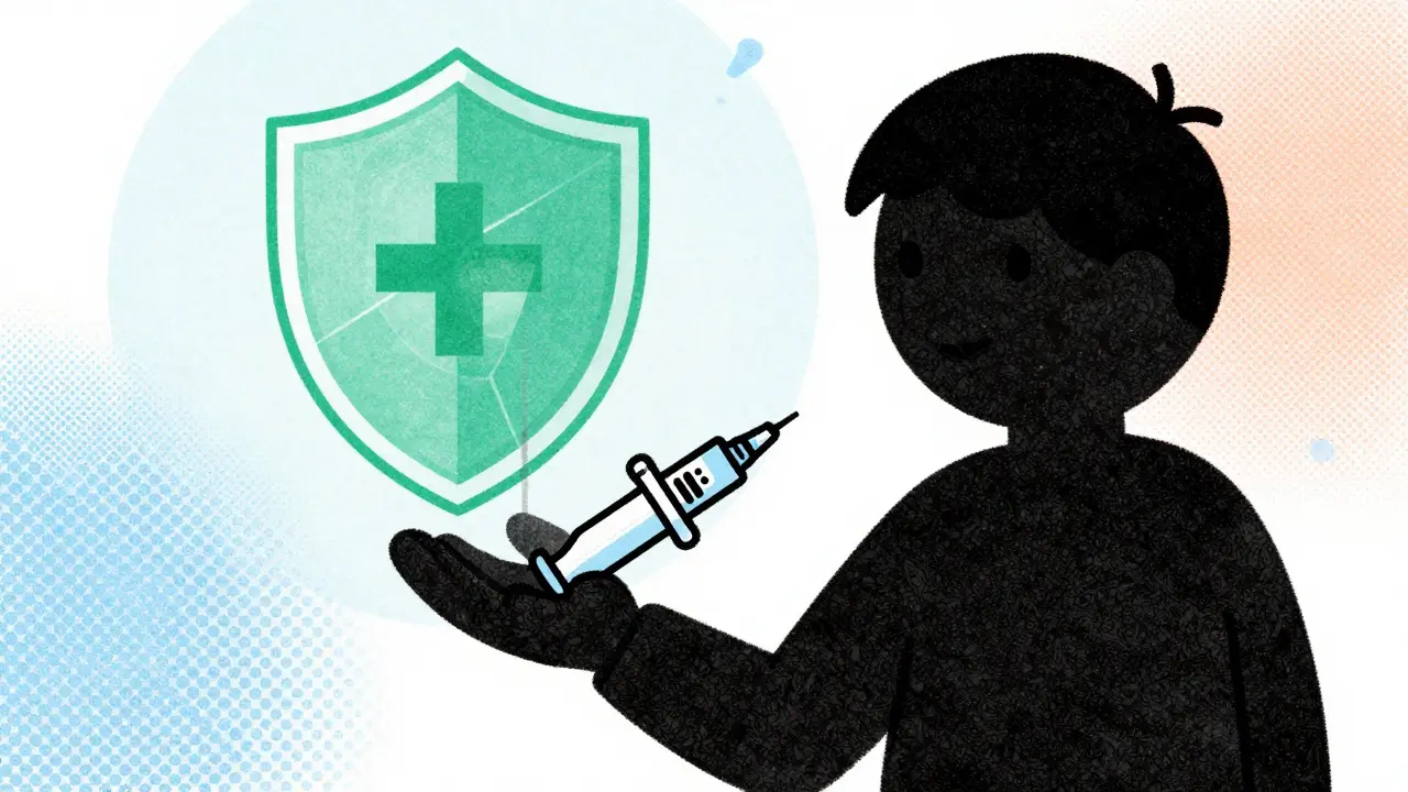 Person holding injector with safety shield symbol illustration.