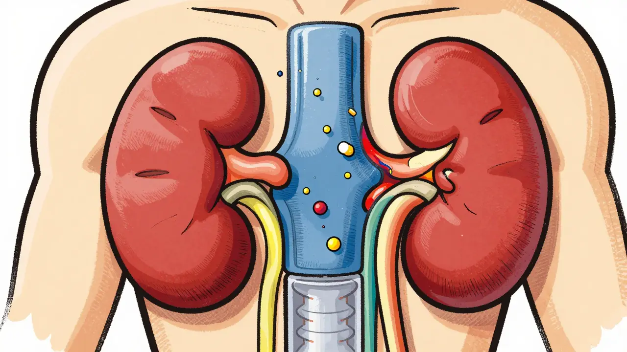 Stylized depiction of kidneys filtering medication particles in a risograph art style.