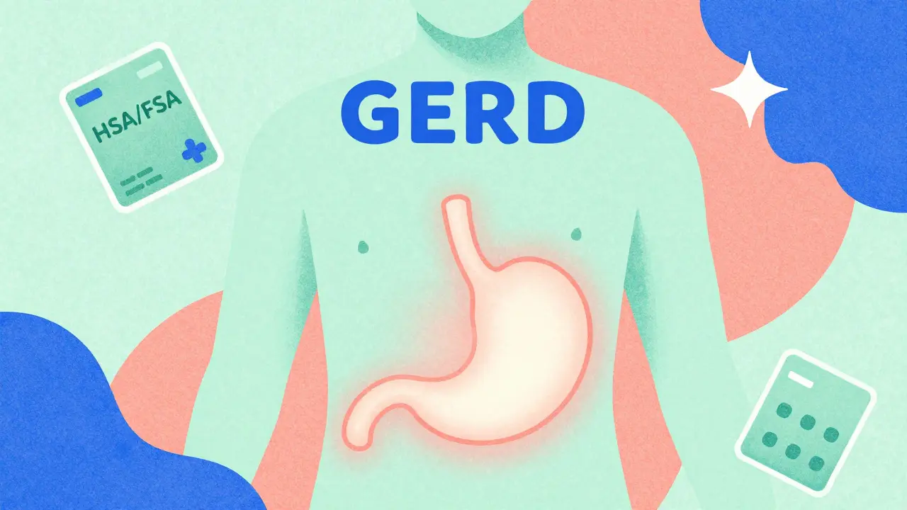 Stylized illustration of a person feeling relief from acid reflux with health savings symbols