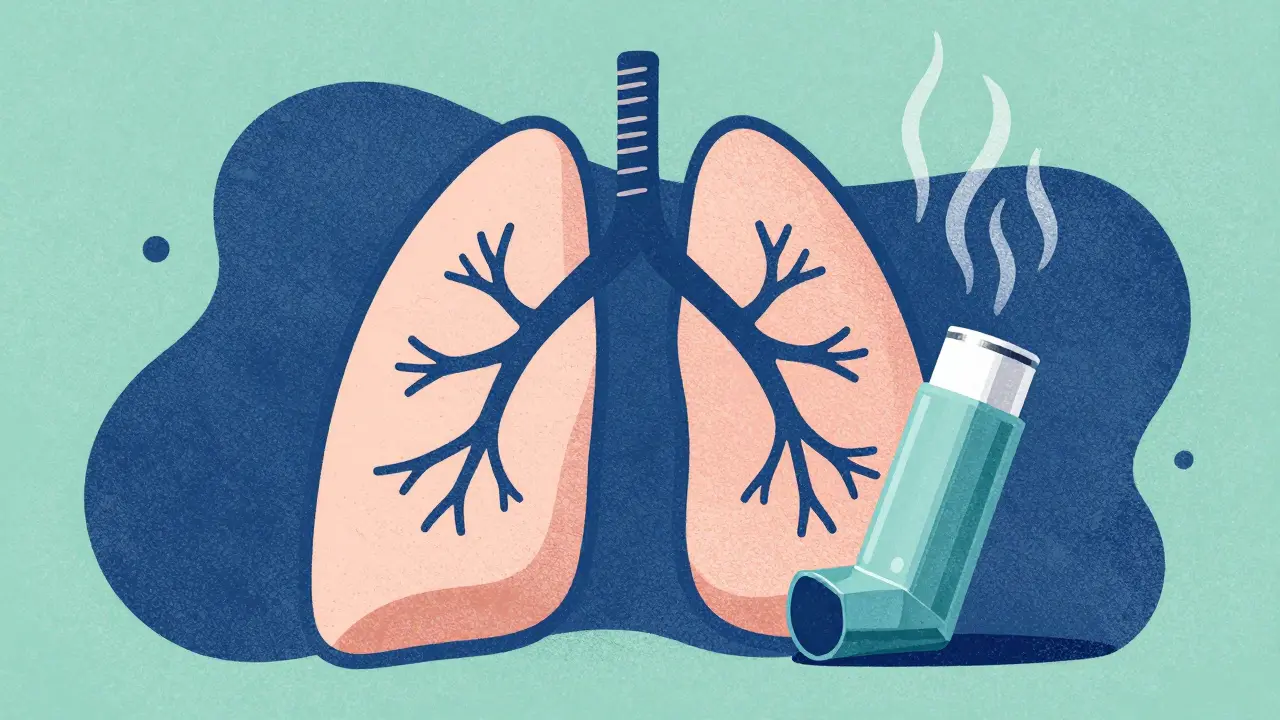 Stylized lungs and a generic inhaler symbolizing respiratory relief